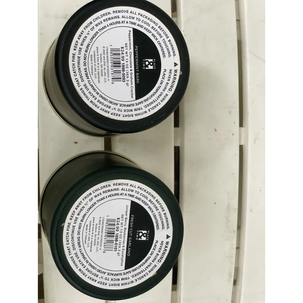Lot of 2 Place & Time 3-Wick Scented Holiday Candles Peppermint Bark & Fresh Gar